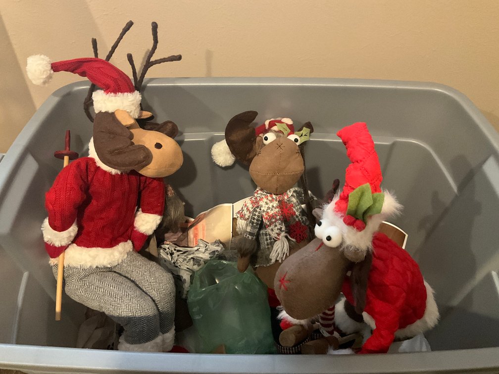 3 plush Christmas moose figures with storage tote - Upstairs Bedroom Upper Level