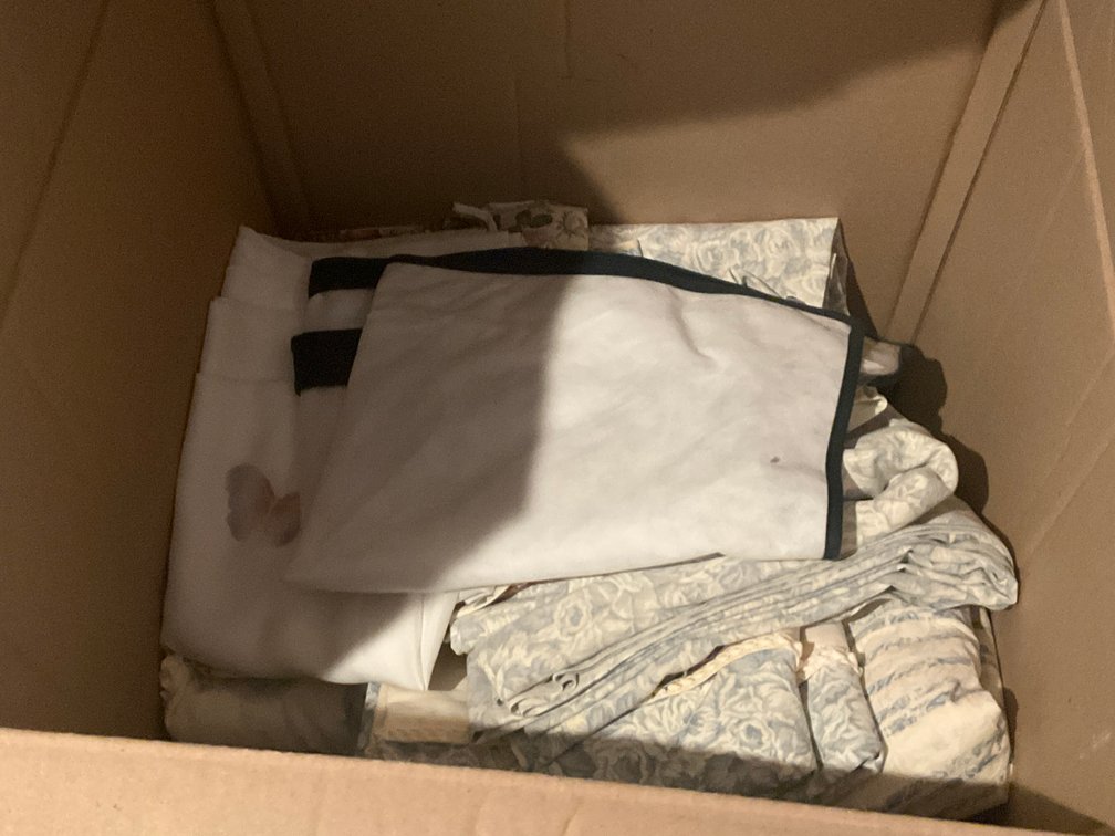 Box lot of assorted linens & textiles - Upstairs Bedroom Upper Level