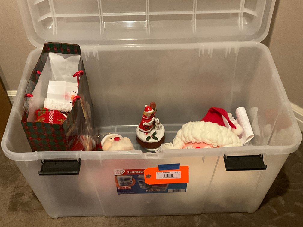 Grouping of Christmas decorations with storage tote - Upstairs Bedroom Upper Level