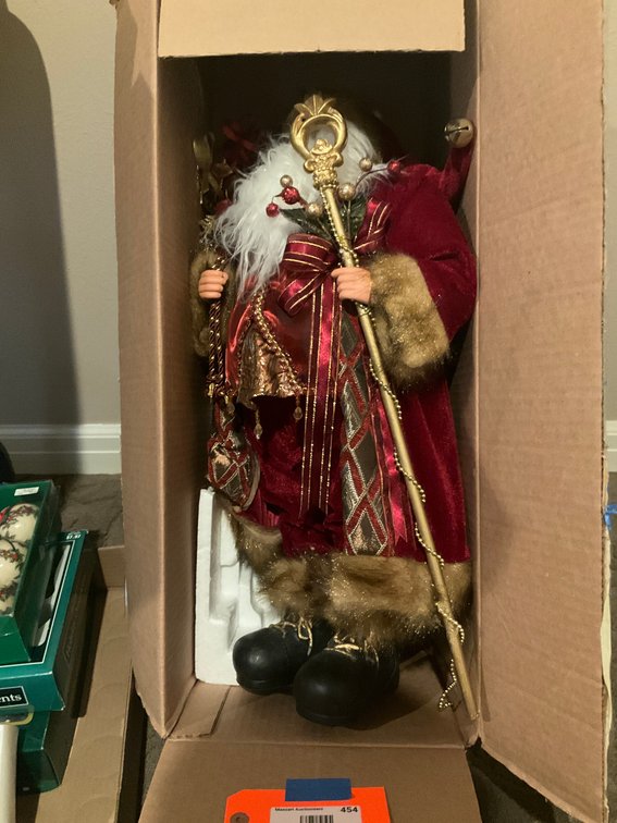 Standing Santa Claus figure in burgundy velvet coat - Upstairs Bedroom Upper Level