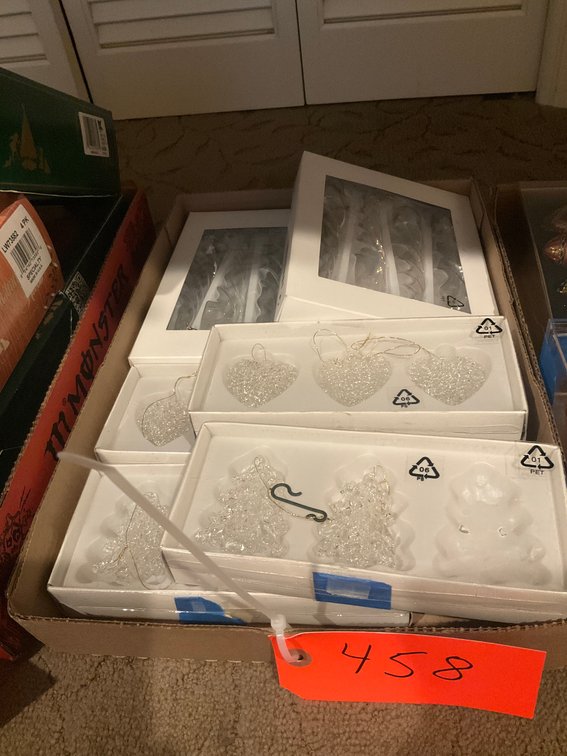 Grouping of boxed clear crystalline Christmas ornaments - Upstairs Bedroom Upper Level