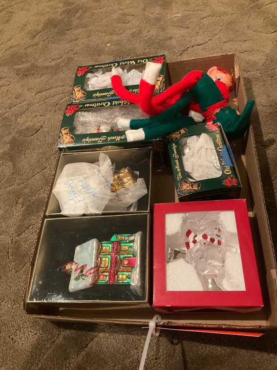 Boxed Christmas ornaments & poseable felt elf dolls - Upstairs Bedroom Upper Level