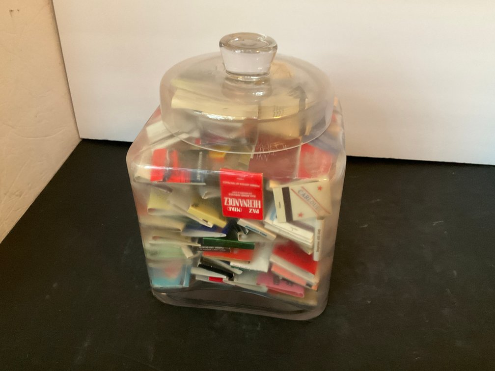 Square glass canister jar with lid & matchbooks - Living Room Main Level