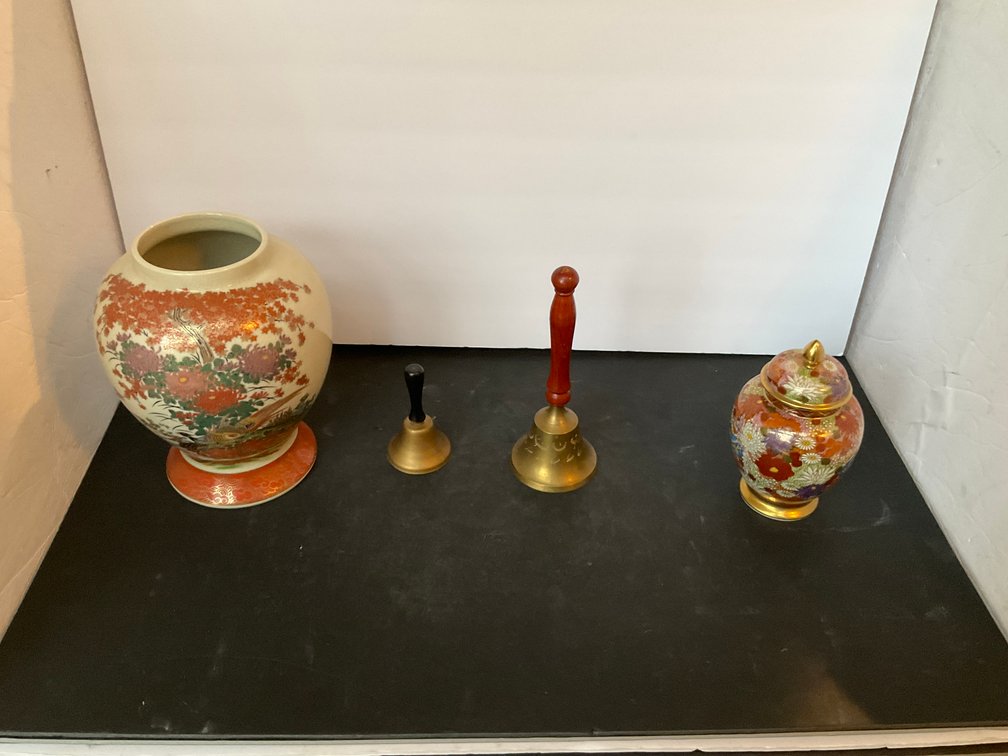 Grouping of 2 ceramic vessels & 2 brass hand bells - Living Room Main Level