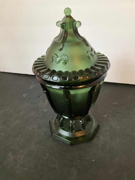 Dark green frosted glass lidded pedestal urn 10” tall - Living Room Main Level
