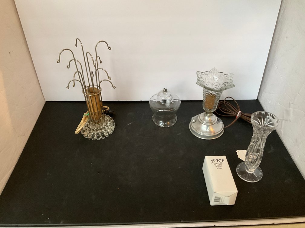 Grouping of electric lamps, glass bud vase & light bulb - Living Room Main Level