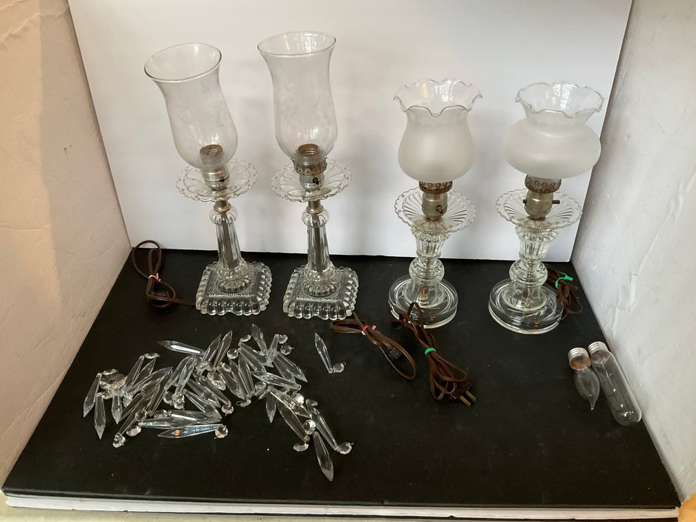 4 pressed glass electric table lamps with shades - Living Room Main Level
