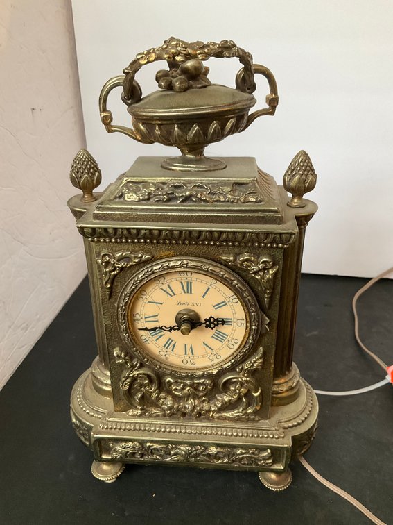 Louis XVI electric mantel clock with urn finial 13” tall - Living Room Main Level