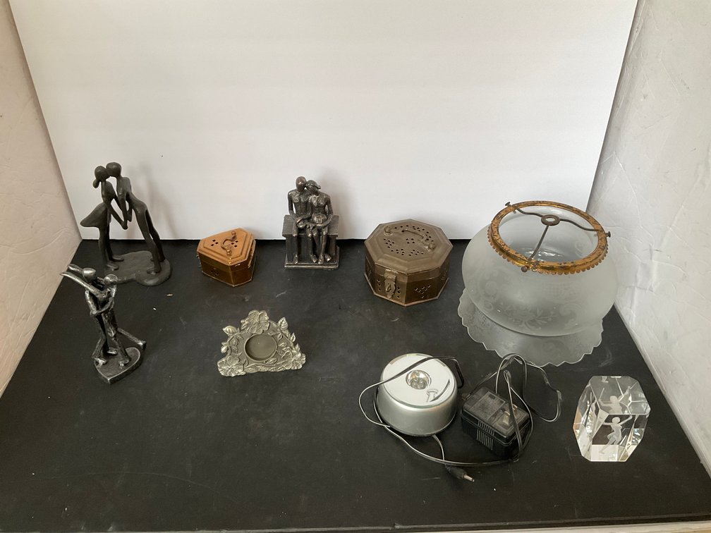 Metal couple figurines, pierced brass boxes & glassware - Living Room Main Level