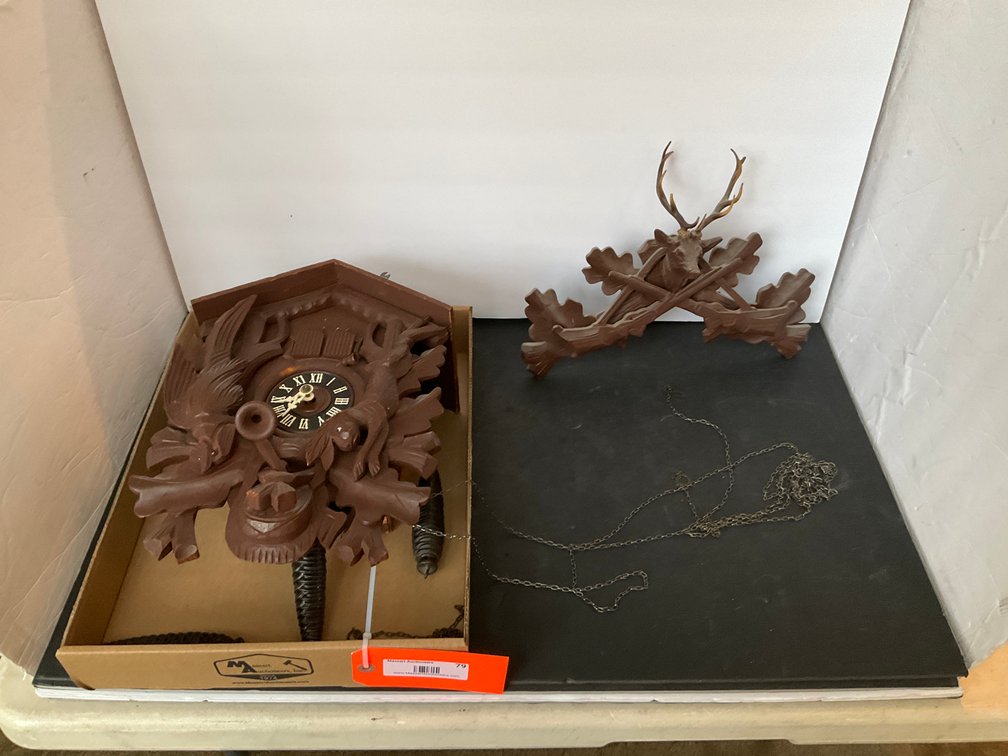 Regula carved hunting cuckoo clock with weights & topper - Living Room Main Level