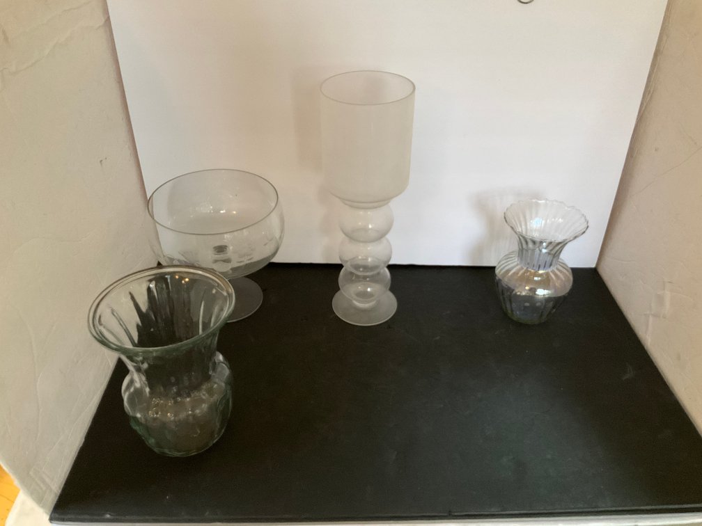 Grouping of glass vases & footed compote - Living Room Main Level