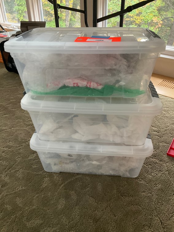 3 plastic storage totes with stained glass ornaments - Living Room Main Level
