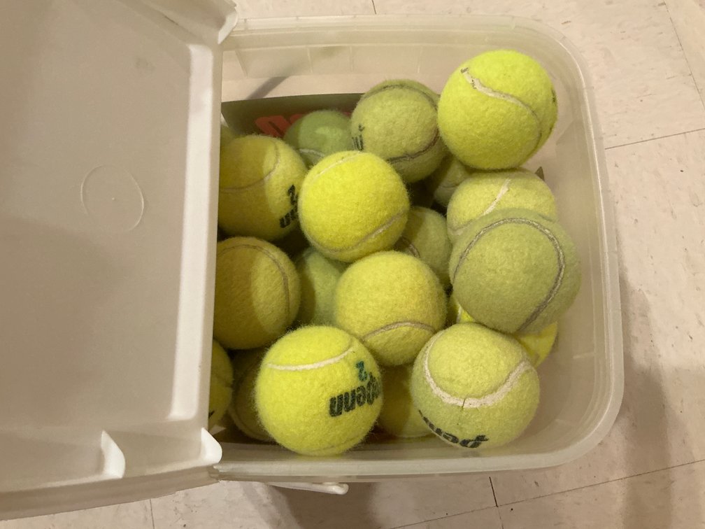 Grouping of tennis balls in plastic bucket - Basement