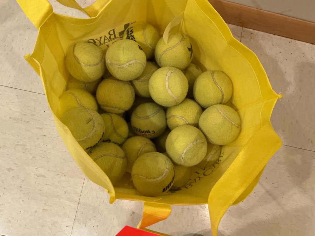 Grouping of assorted tennis balls in tote bag - Basement