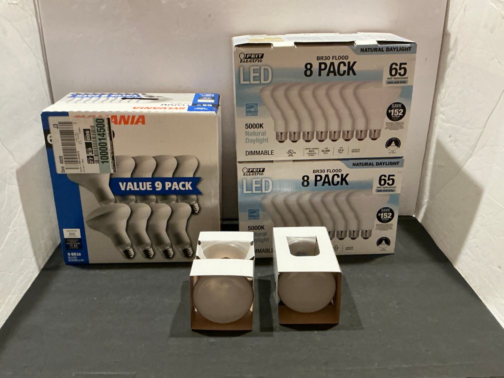 Grouping of assorted BR30 flood light bulbs - Basement