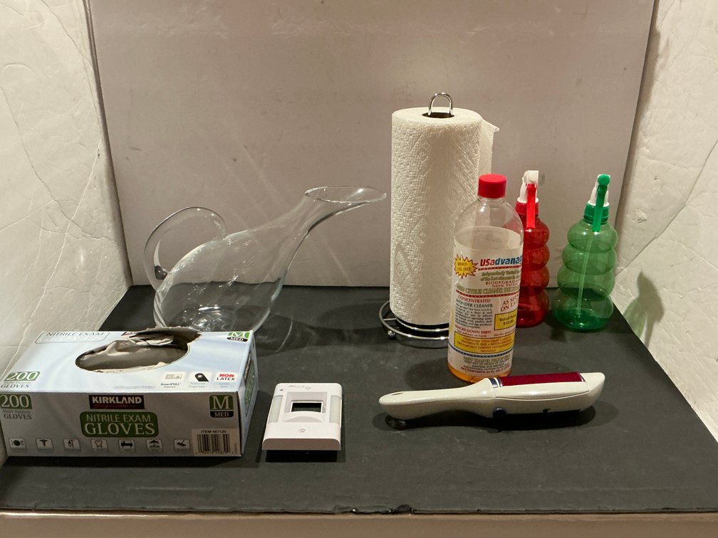 Household cleaning supplies & glass decanter - Basement