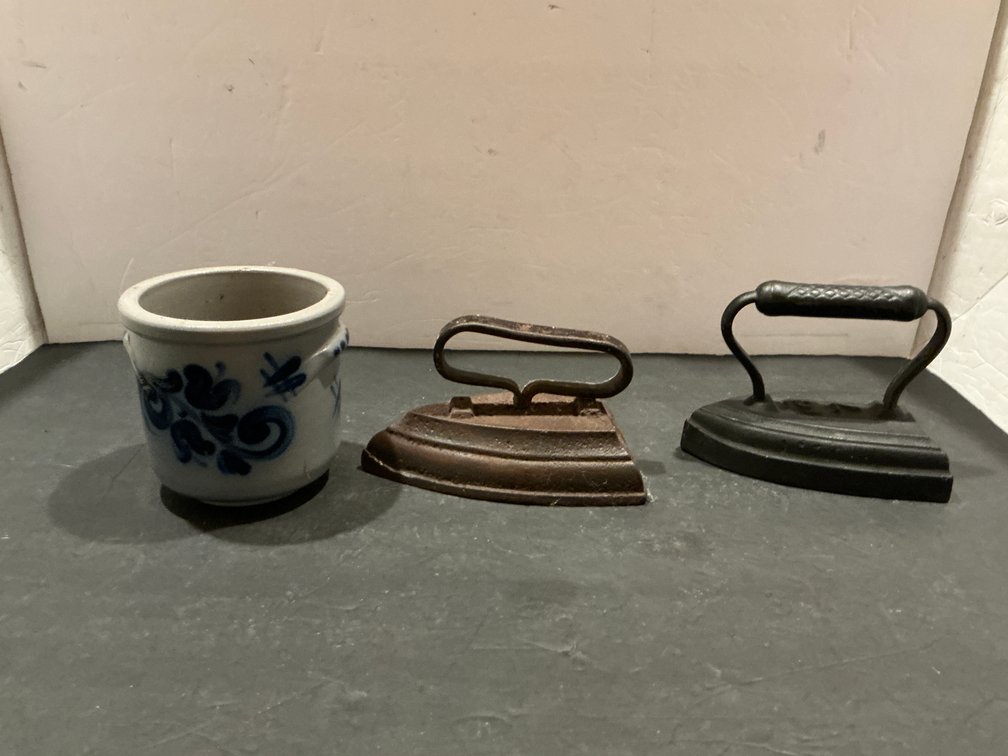 Miniature stoneware crock & 2 cast iron sad irons - Basement