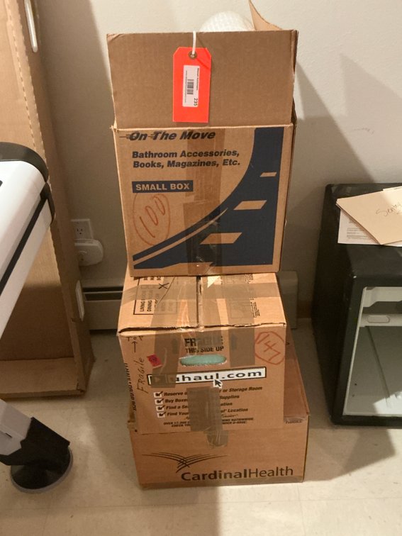 3 cardboard moving boxes with packing supplies & contents - Basement