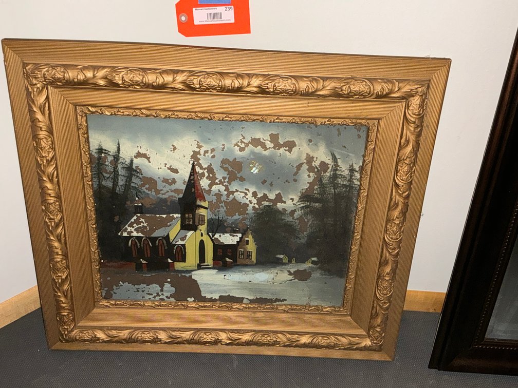Reverse glass winter landscape painting in ornate frame 30 x 26 - Basement