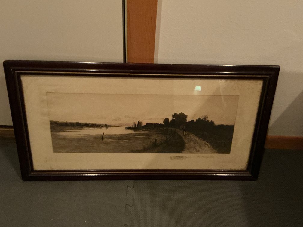Framed "The Rising Tide" etching with remarque 29 x 15 - Basement