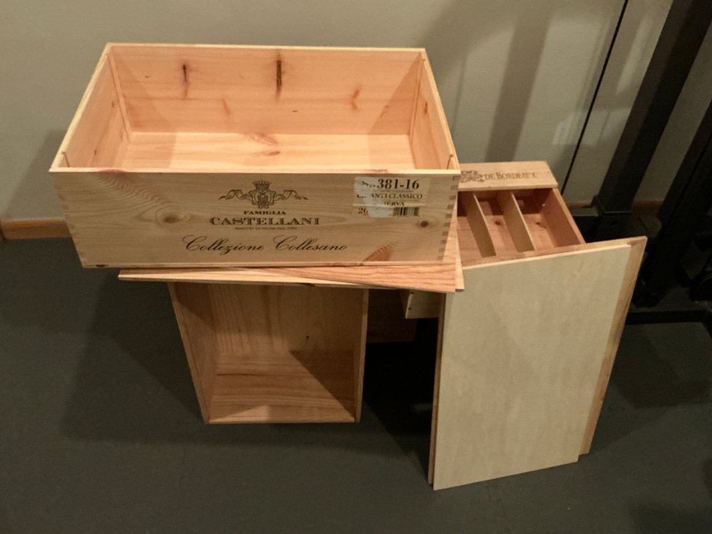 Grouping of wooden wine crates & slide-top box - Basement