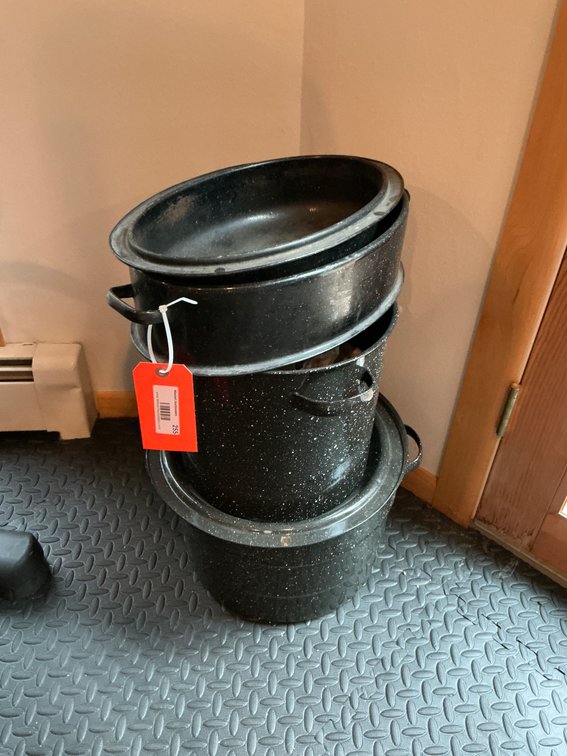 Group of black speckled enamelware pots with lids - Basement