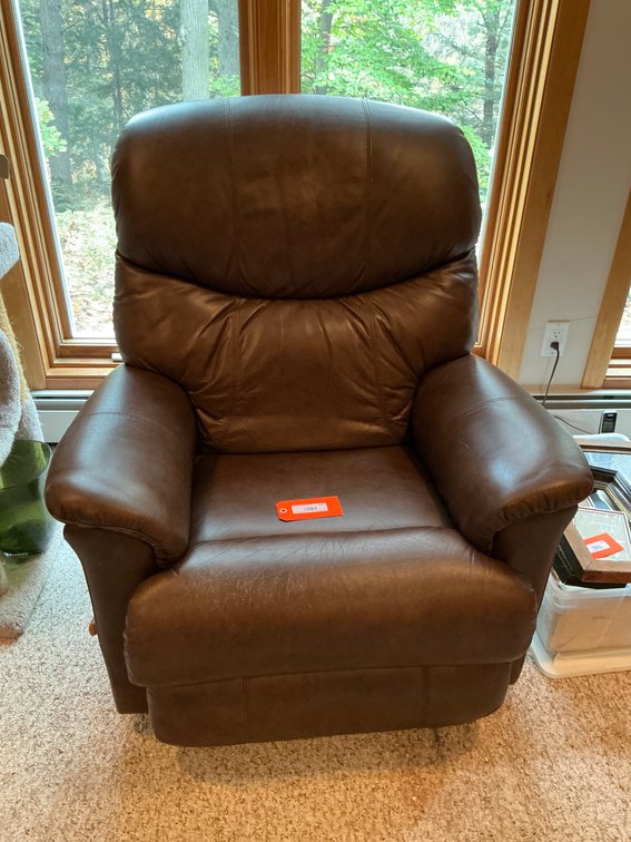 La-Z-Boy brown leather recliner armchair - has pet scratches in arms and front of seat - Basement