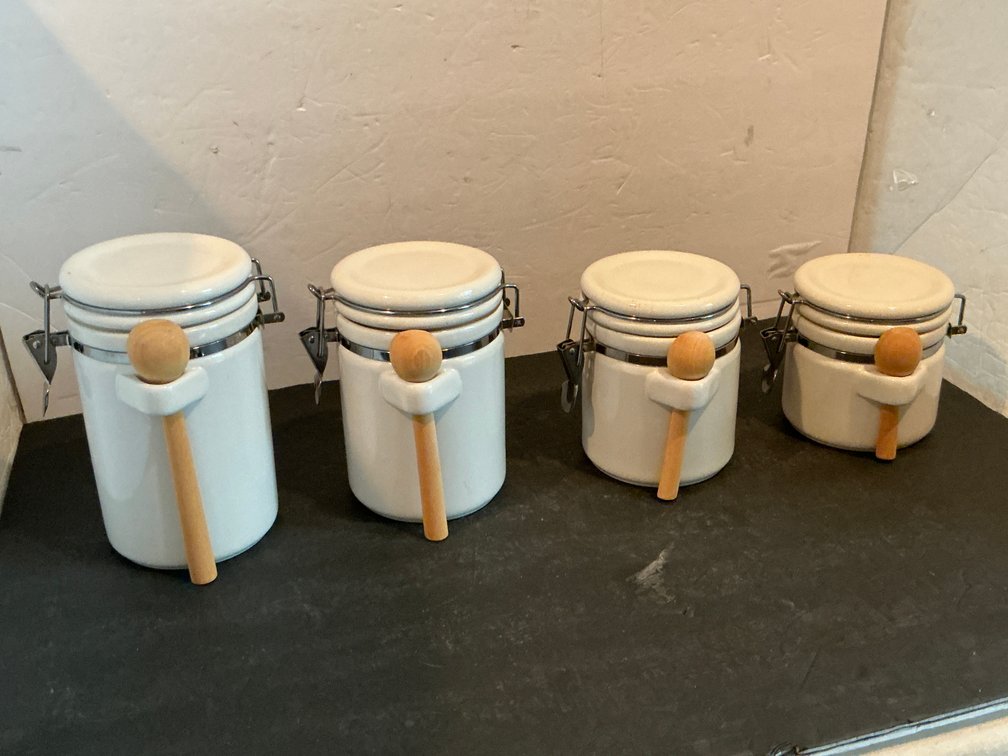 Set of 4 white ceramic canisters & wooden scoops - Basement