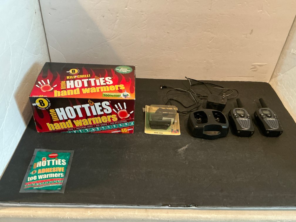 Pair of two-way radios, hand warmers & deer whistles - Basement