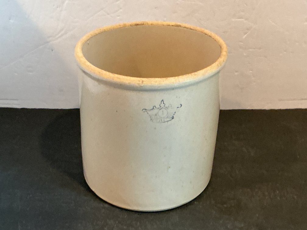 Stoneware crock with blue crown stamp 8” tall - Basement