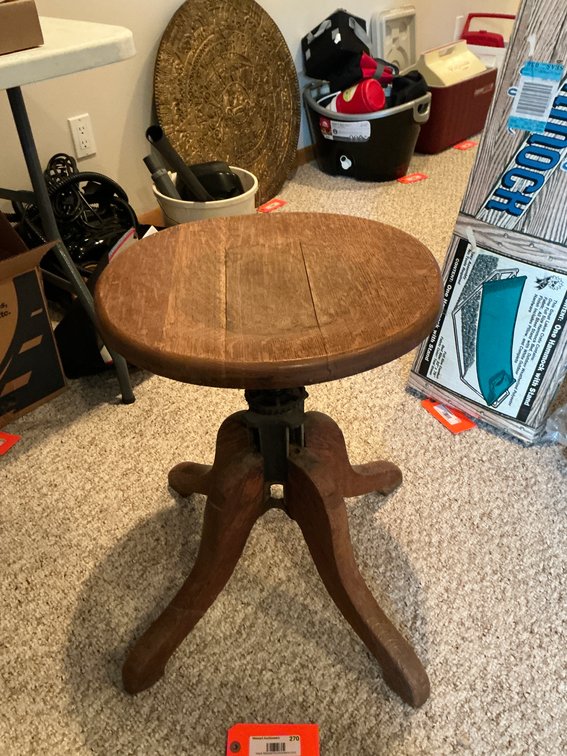 Adjustable wooden swivel stool with cast iron hardware 17 inch diameter 21 inches tall - Basement