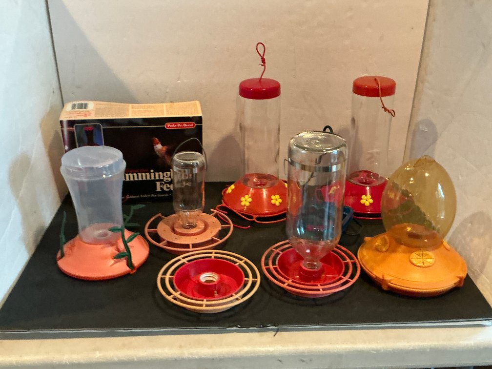Grouping of hummingbird feeders & parts with box - Basement