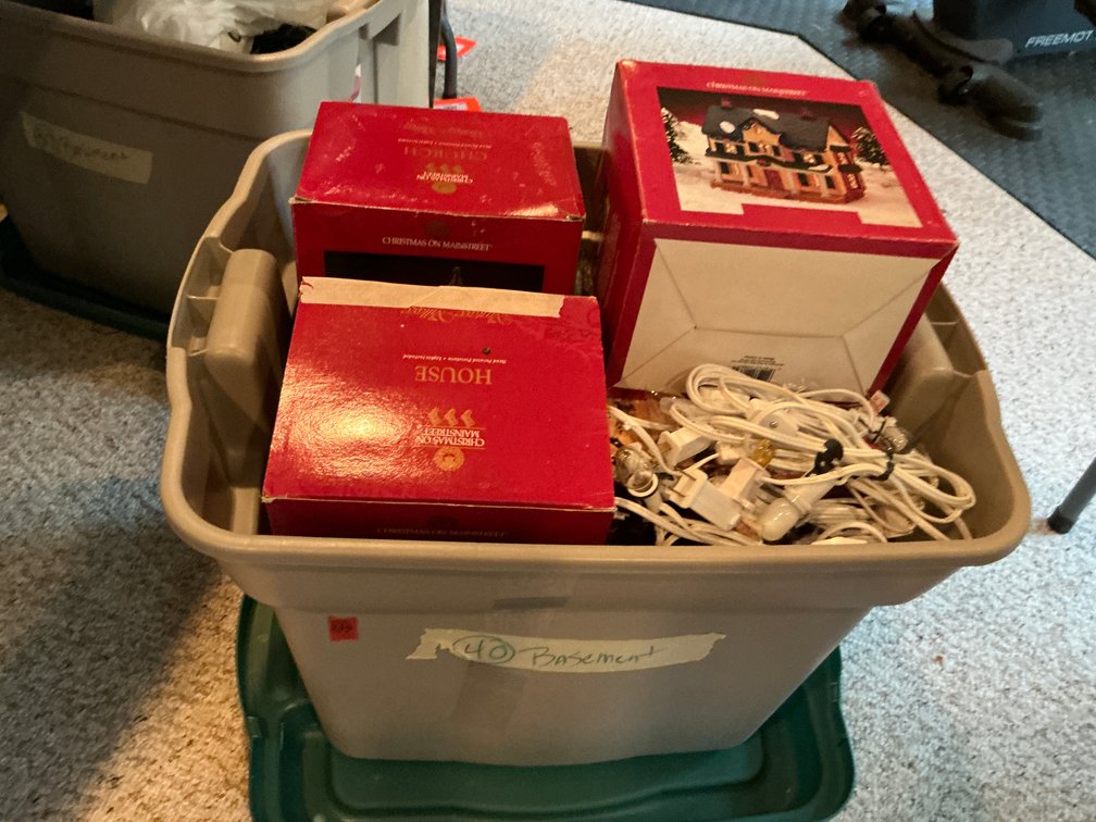 Porcelain holiday village sets with tote & light cords - Basement