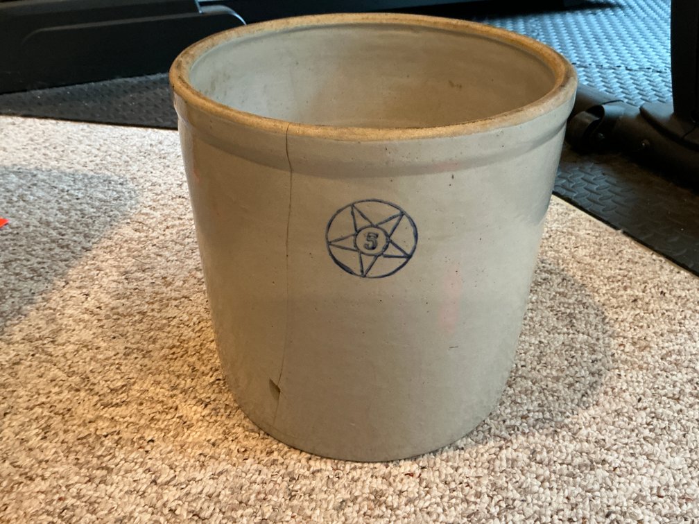 Stoneware 5-gallon crock with blue star mark - Basement