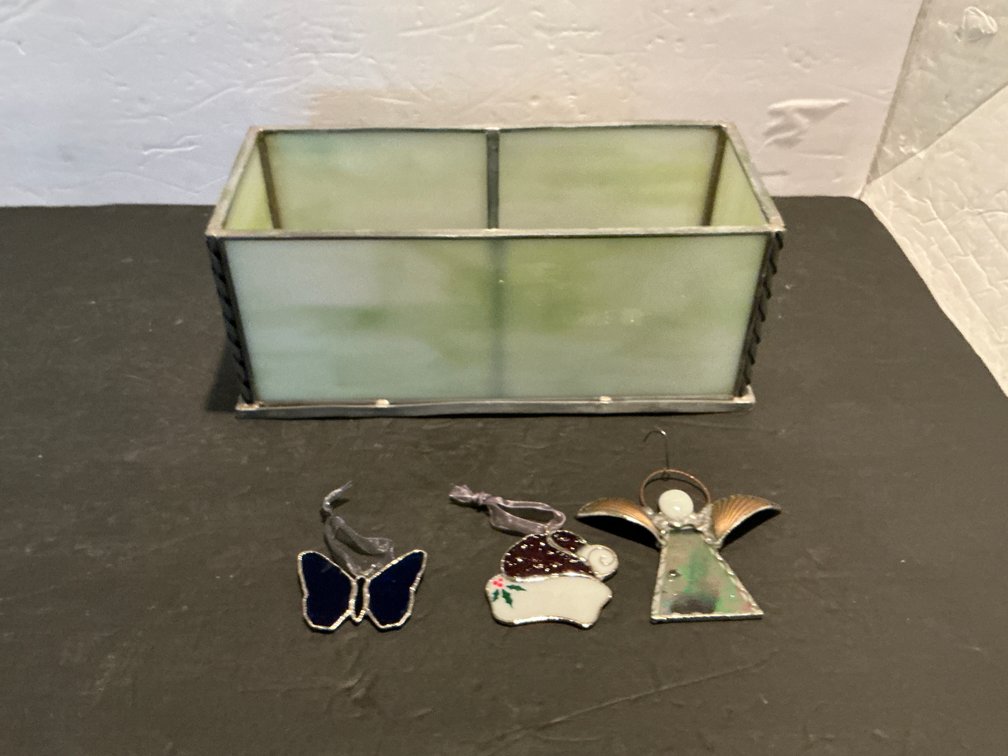 Green slag glass box 5 x 11 x 5 & 3 stained glass ornaments - Basement