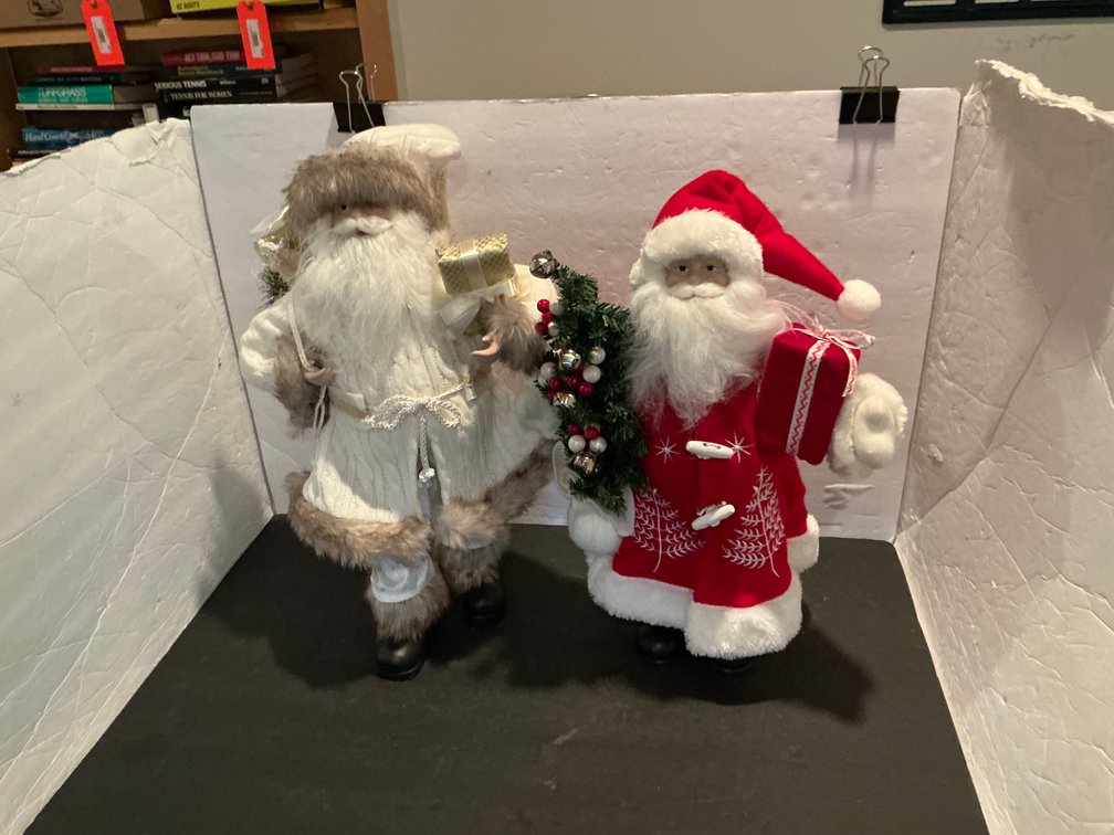 Pair of standing Santa Claus figurines in fabric coats 20” tall - Basement