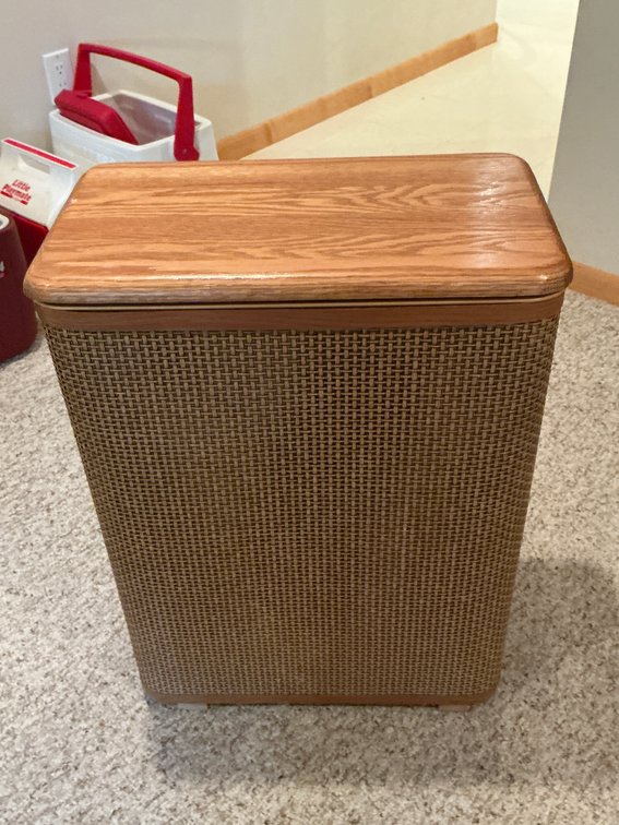 Redmon woven laundry hamper with woodgrain lid 18 x 10 x 25 - Basement