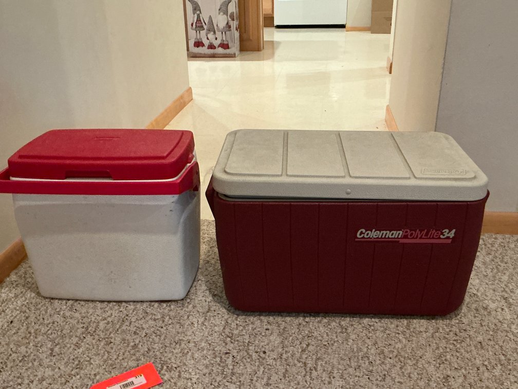 2 Coleman plastic coolers in maroon & white - Basement