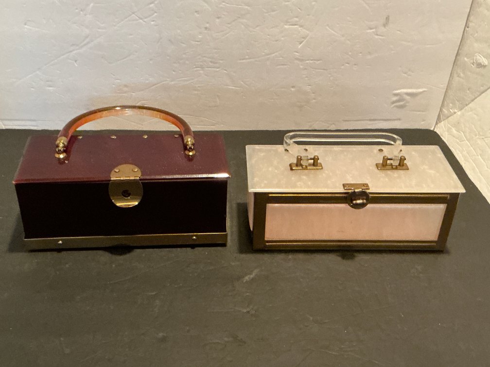 Pair of Dorset-Rex lucite box purses in white & burgundy - Basement