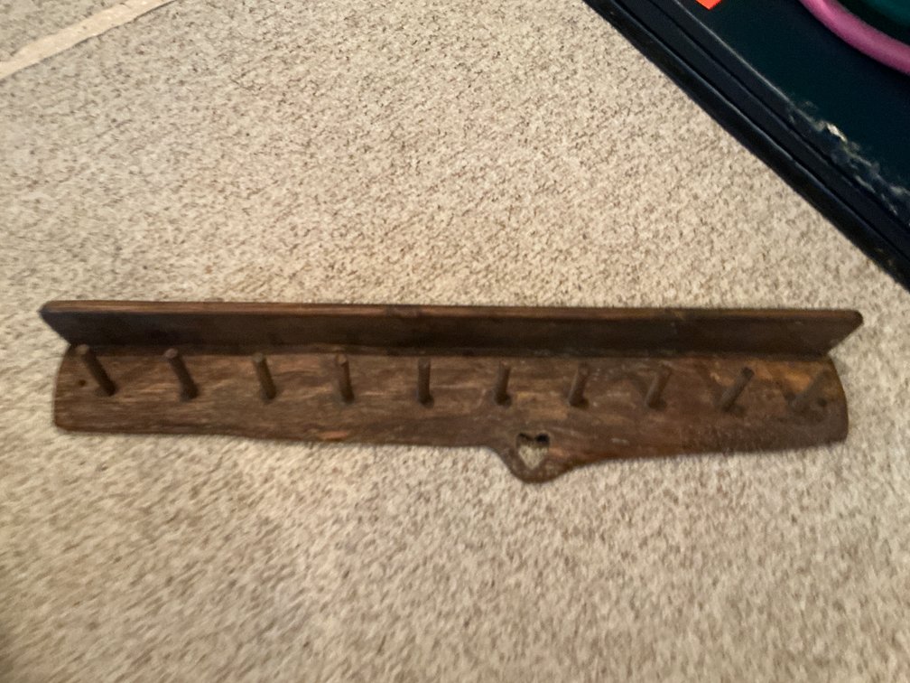 Wood 10-peg wall shelf with heart cutout 43 inches long - Basement