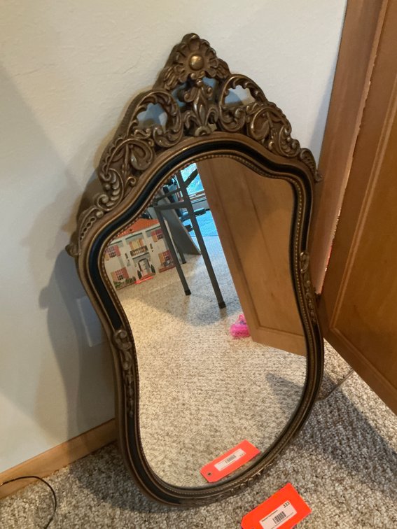 Ornate gold-tone wall mirror with black accent border 16 x 30 - Basement