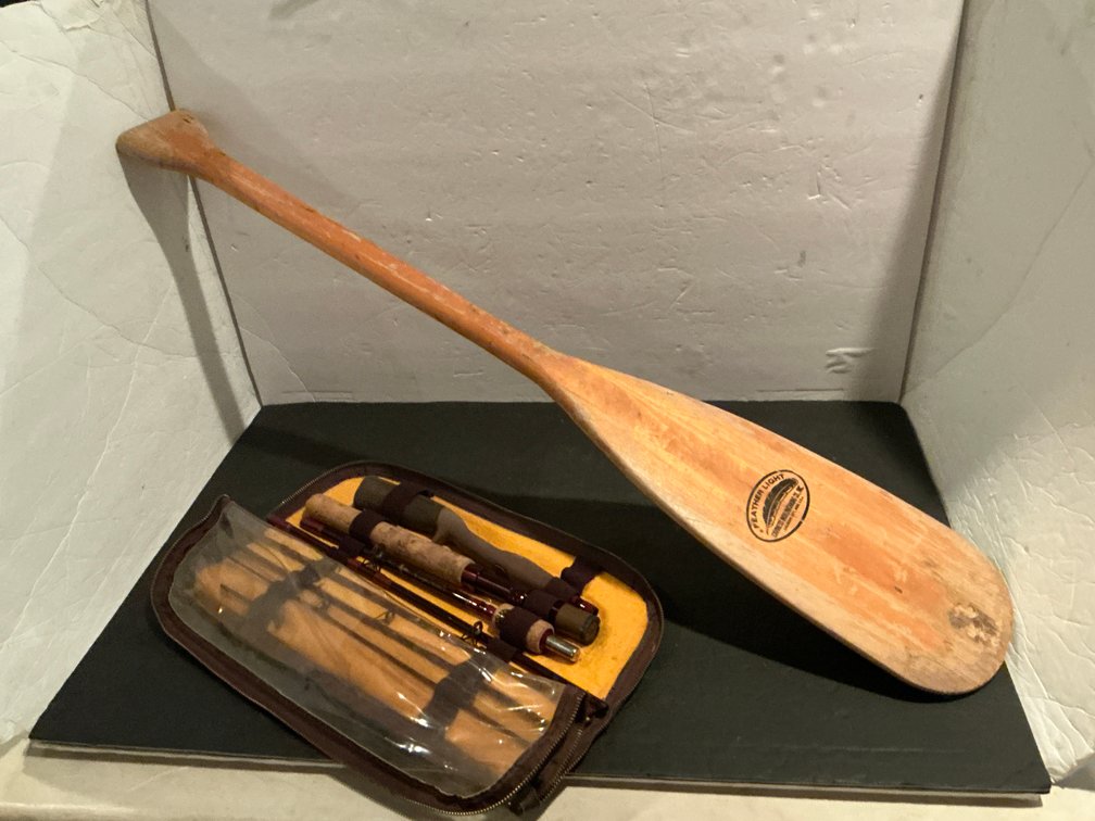 Wooden canoe paddle & travel fishing rod set with case - Basement