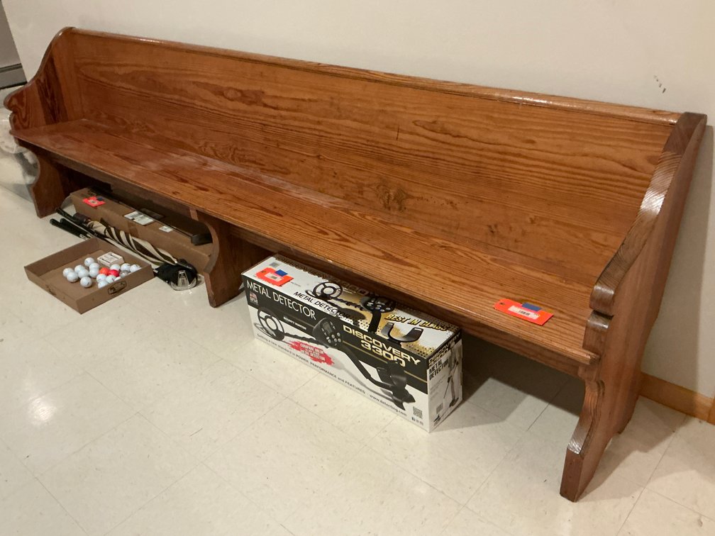 Wooden church pew bench with shaped end panels 9 feet long - Basement