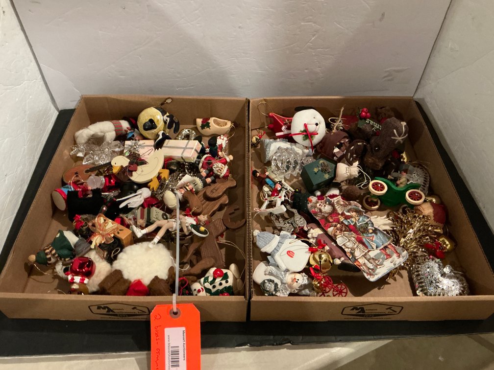 2 boxes of assorted Christmas & holiday ornaments - Basement
