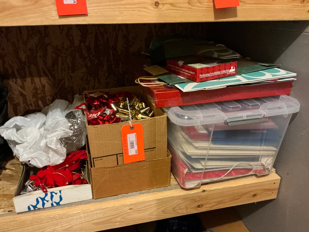 Holiday gift wrap, cards, decorative tins & storage tote - Basement