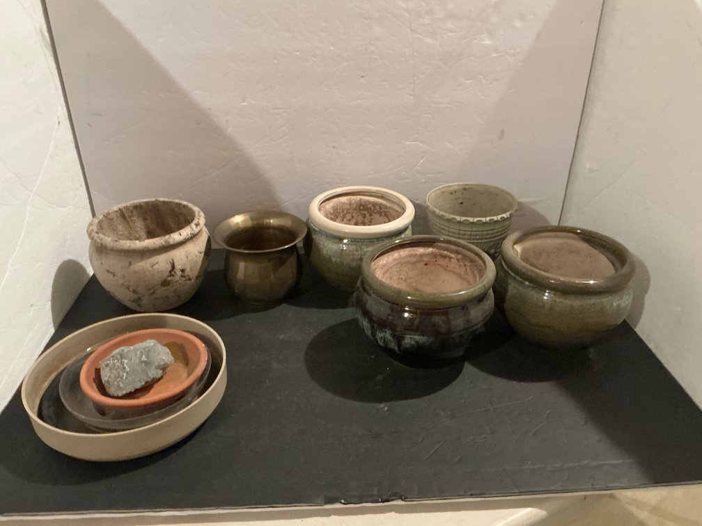 Grouping of small ceramic & brass planters - Basement