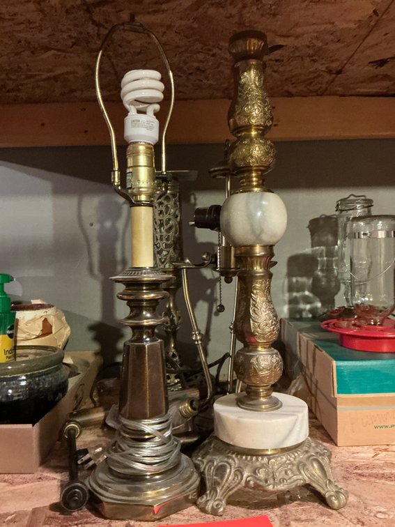 Grouping of brass & marble table lamps and bases - Basement