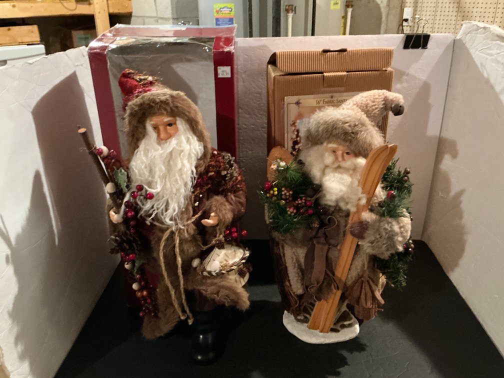 Pair of rustic fabric Santa Claus figurines, 16 in - Basement