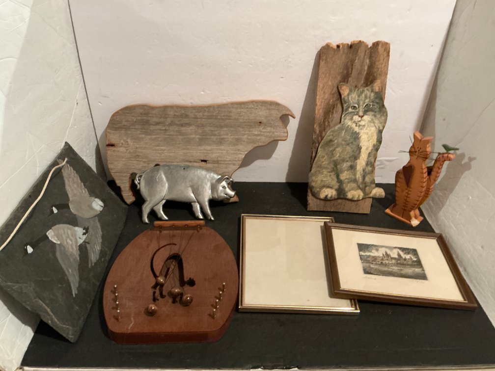 Grouping of animal decor items, door harp & frames - Basement