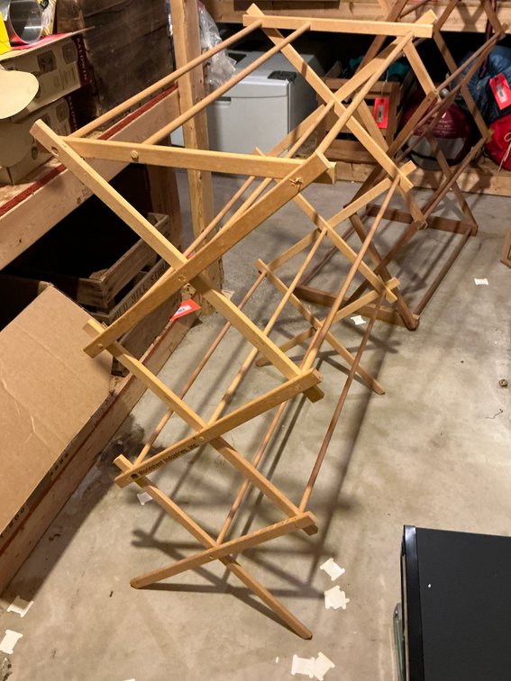 2 wooden folding accordion clothes drying racks - Basement